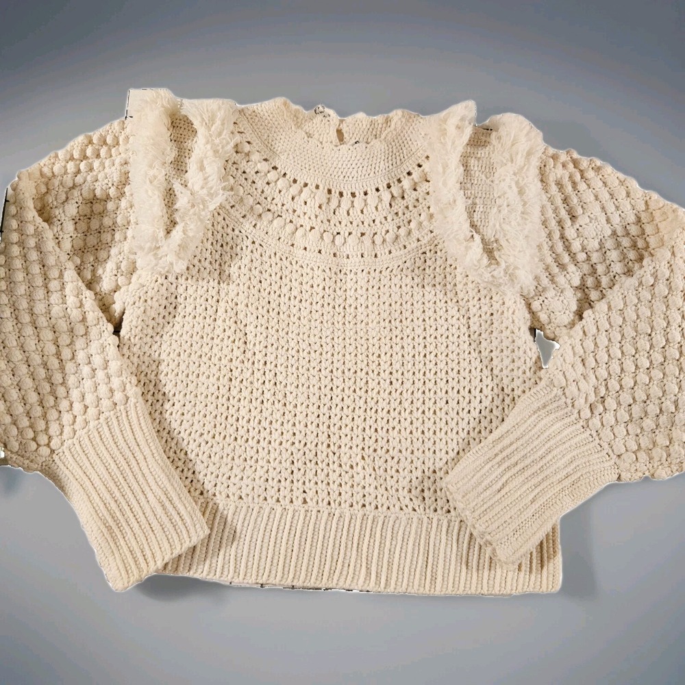 SEA NEWYORK NWT Designer‎ Cream Merino Wool with Ruffle Shoulder Large MSRP $550